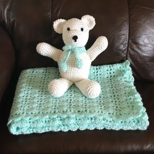 Mint Green Crocheted Baby Blanket with Teddy Bear